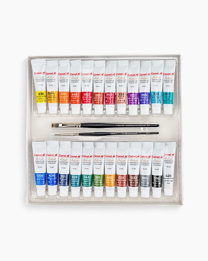 Camel Artist Gouache Colours Assorted pack of 24 shades with Brushes image 1