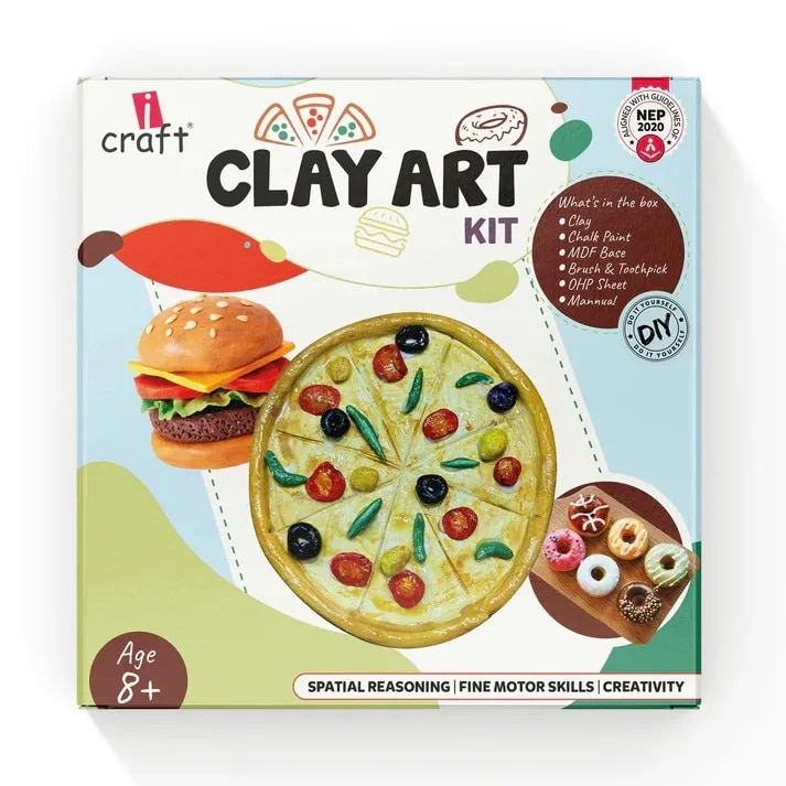 Kids Clay Art Kit for Food Creations - DIY Pizza, Burger & Donut Sculpting Set with Paints, Canvas & Stand - Creative Craft Activity image 1