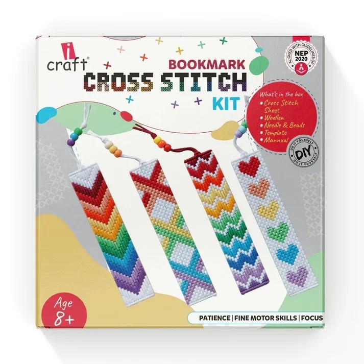 Kids Cross Stitch Bookmark Kit - Easy Craft Activity, Rainbow Designs, Perfect Gift image 1