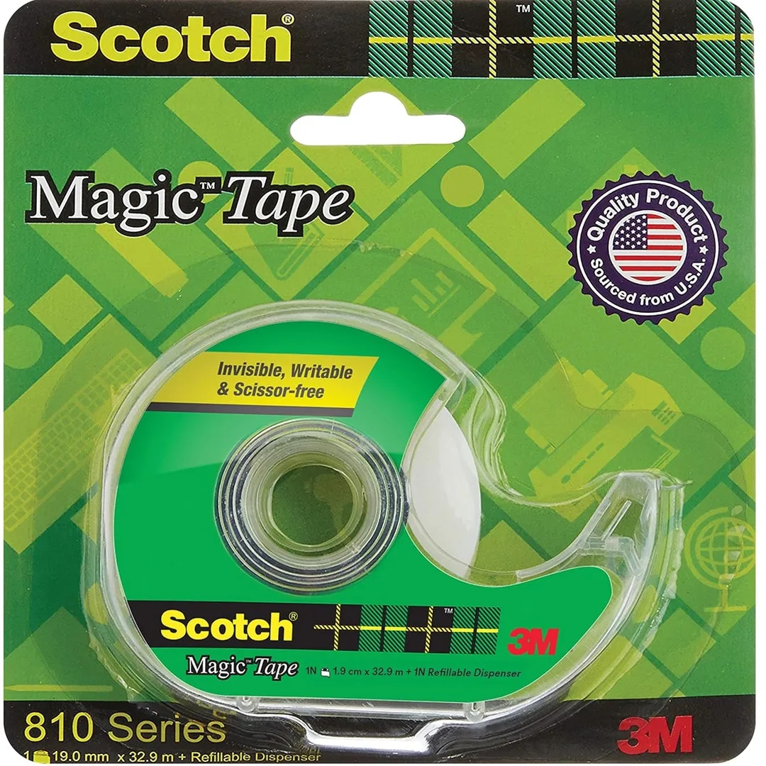 3M Scotch Magic Tape Roll with Refillable Dispenser | 1.9cm x 32.9 meter | Invisible, writable and hand tearable | For school projects, home and office use image 1