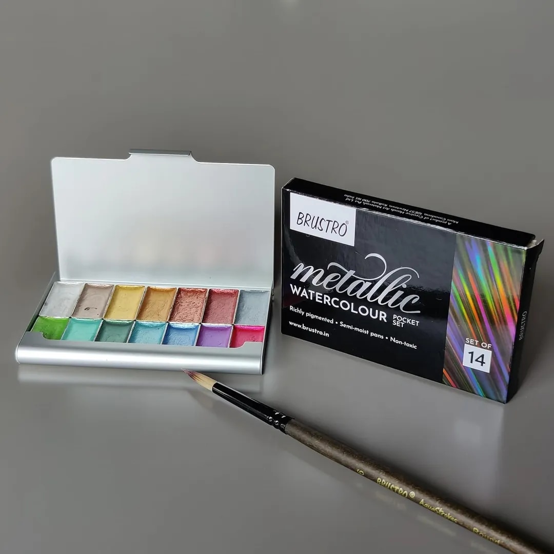 BRUSTRO Artists Metallic Watercolour Pocket Set of 14 Half Pans image 1