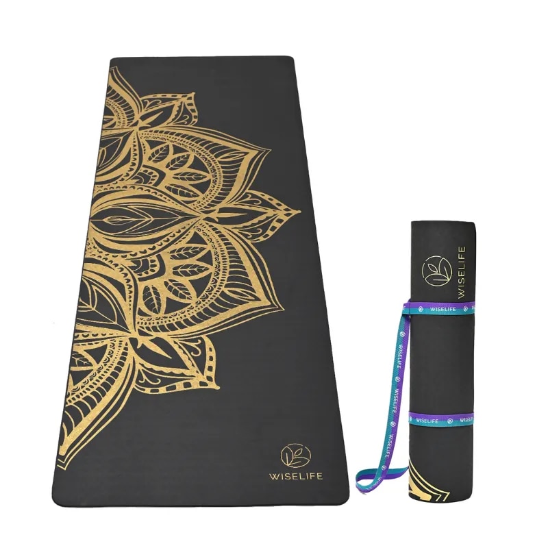 Printed Yoga Mat Black Gold Mandala TPE (6mm) image 1