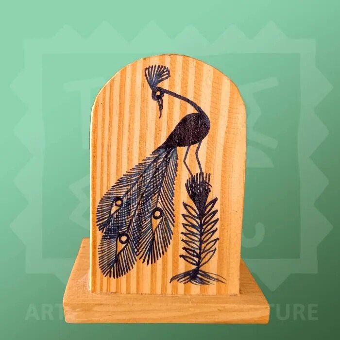 Wooden Warli painted pen stand peacock image 1