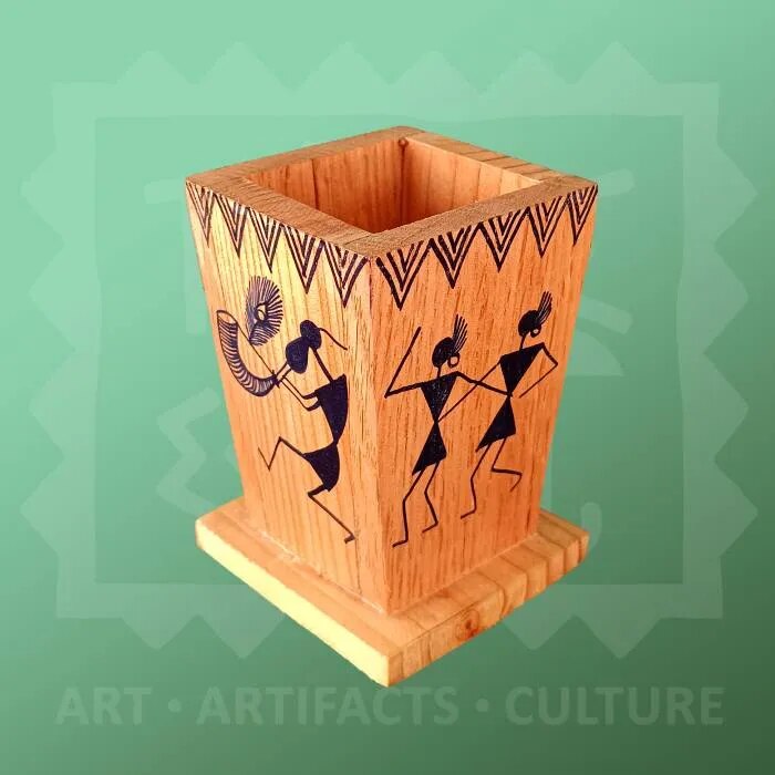 Wooden warli painted pen stand image 1