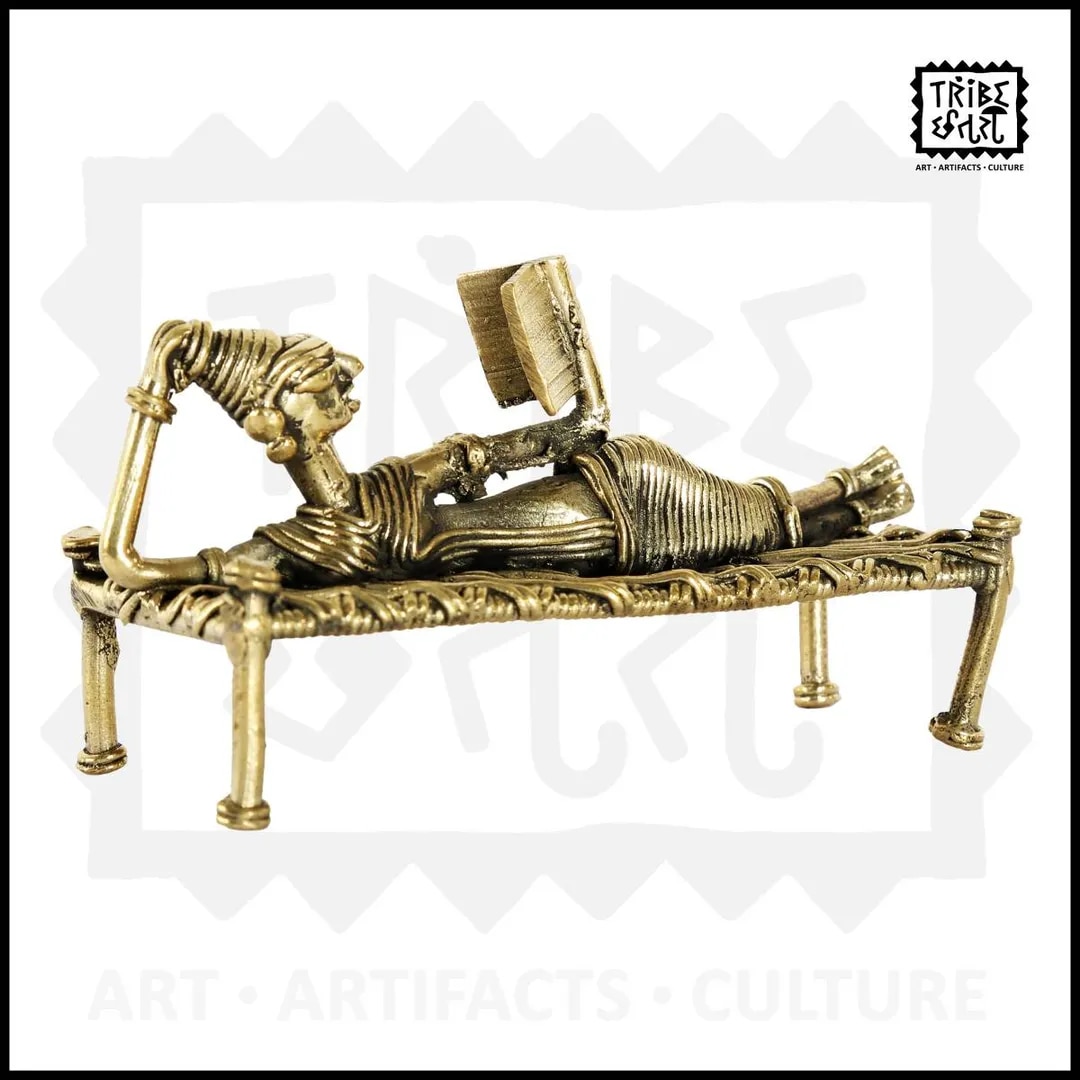 Dhokra art Brass lady reading book image 1