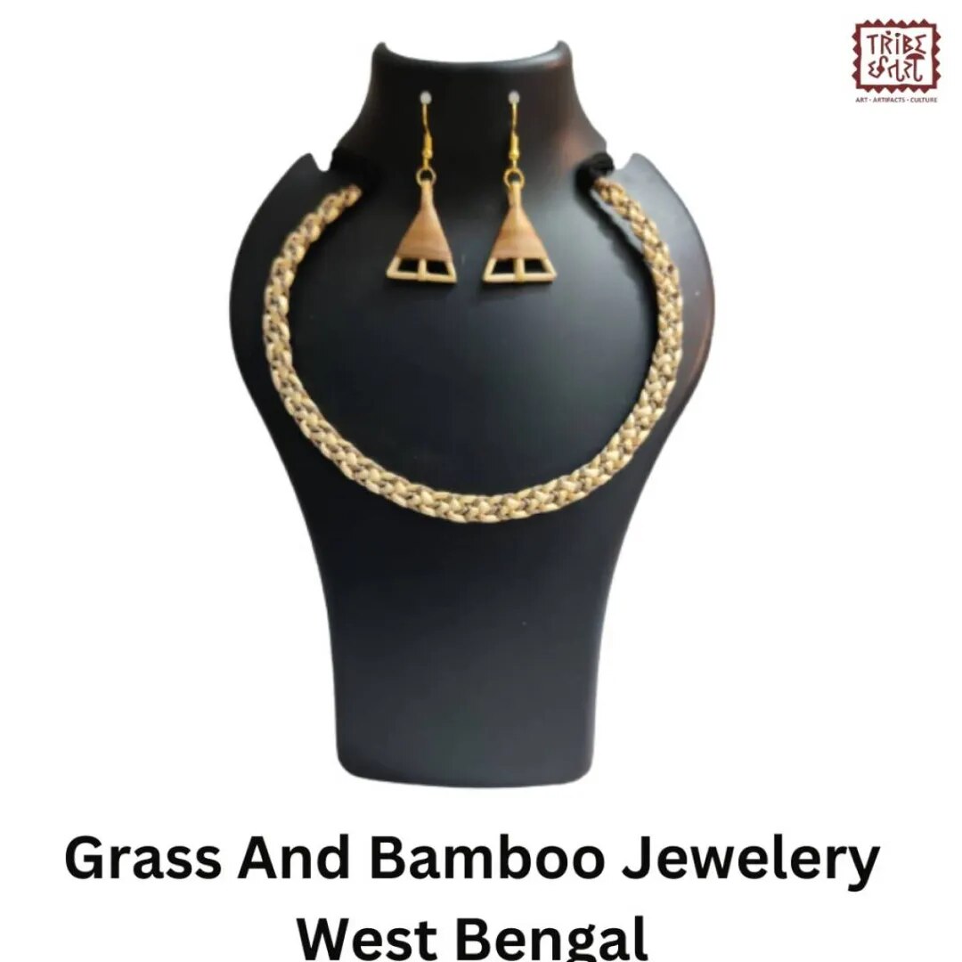 Dried Grass Necklace set with bamboo earring image 1