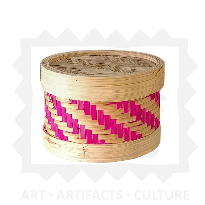 Bamboo weaved round storage box with lid image 1