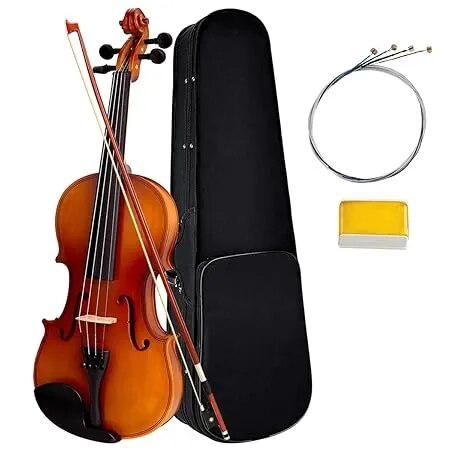 4/4 Full Size Solid Wood Violin With Strings, Bow, Rosin, Hard Case - Musical Instrument (Brown Glossy image 1