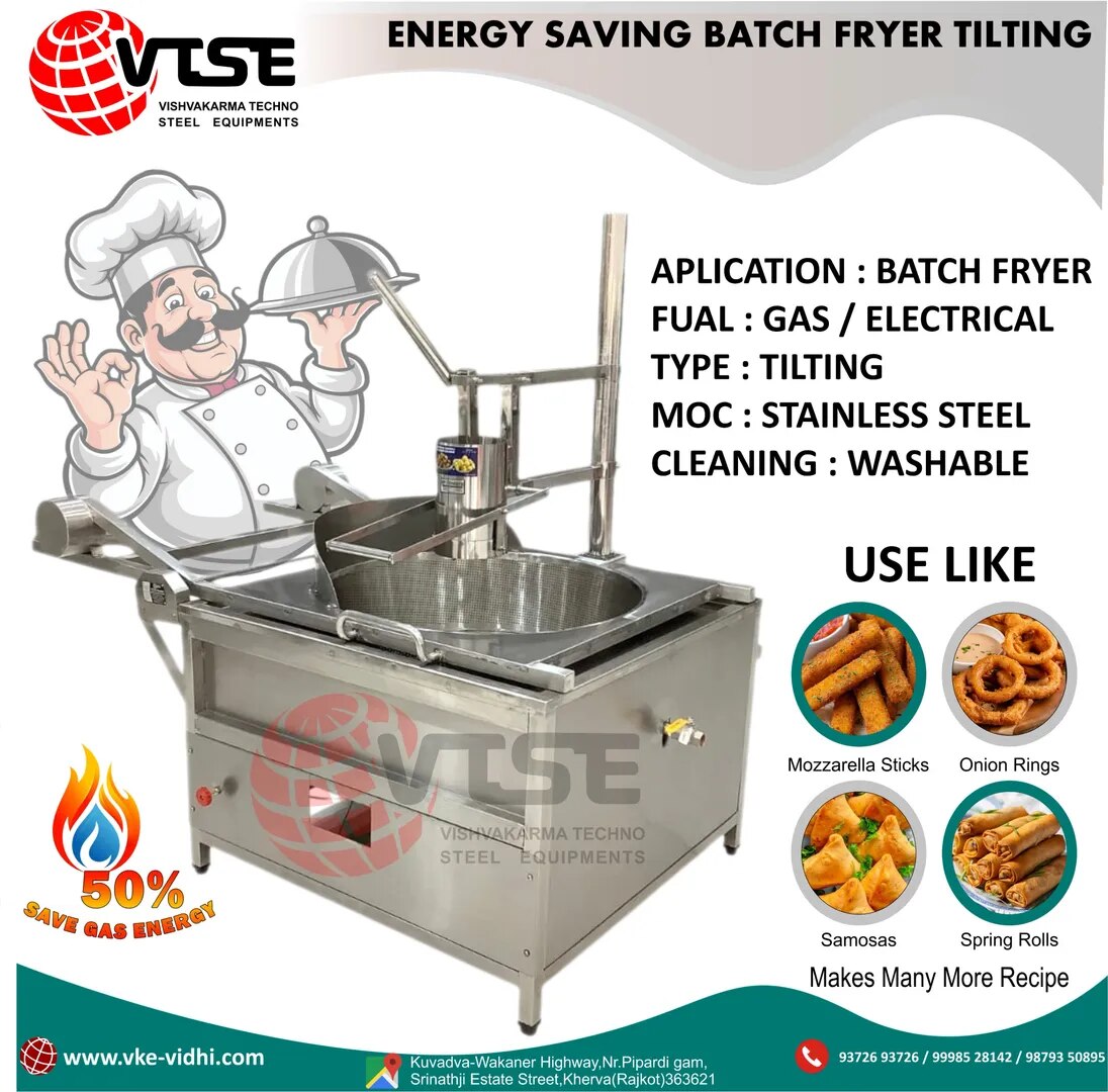 Energy Saving Gas Operated SS Fryer | Commercial Tilting Type Fryer | SS 304 Deep Fryer Machine | VT image 1