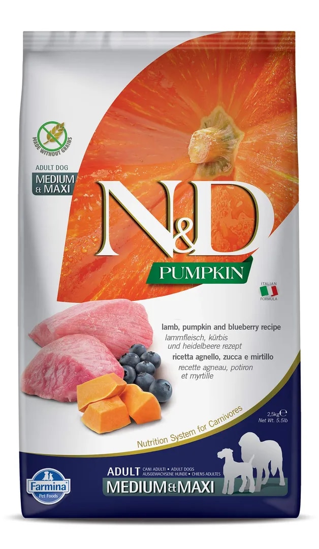 Farmina N&D Pumpkin Lamb and Blueberry Medium And Maxi Adult Dog Food 2.5 KG image 1