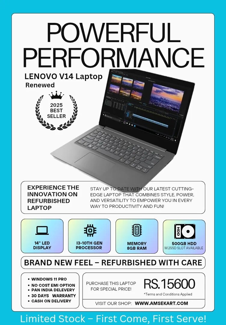 Lenovo V14 Laptop (Refurbished) – Intel Core i3 10th Gen | 8GB RAM | 500GB HDD | 14.1" LED Display | Windows 11 Pro | Slim & Lightweight | 1 Month Warranty | No Cost EMI | COD Available image 1