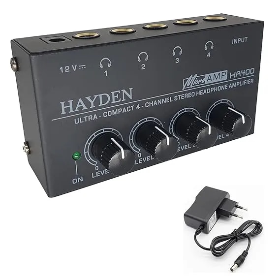 HA400 Headphone Amplifier 4 Ch Channel Metal Stereo Audio Amplifier, Mini Earphone Splitter with Power Adapter image 1
