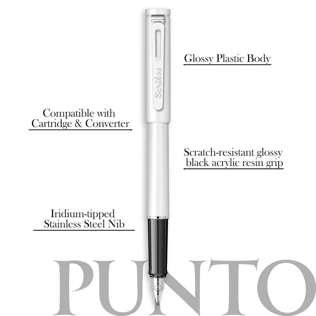 Scrikss Punto Medium Nib Fountain Ink Pen| White |Lightweight | Works with Both Cartridge & Converter (Included) | Punto Series image 1