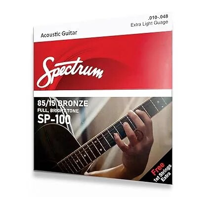 SPECTRUM SP-100 Acoustic Guitar Strings | 85/15 Bronze, Extra Light Gauge (.010-.048), Full Bright Tone – Includes FREE 1st String image 1