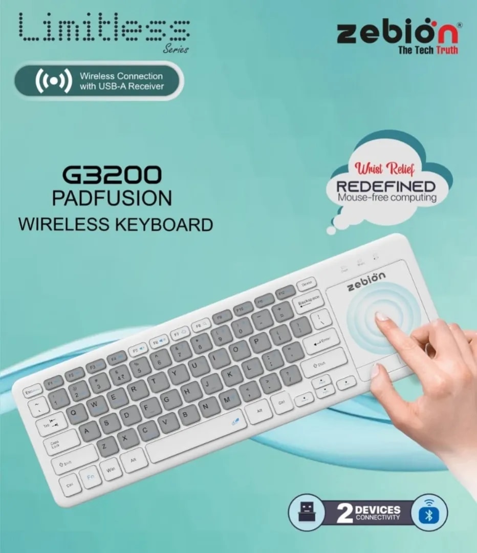 Zebion G3200 Padfusion Wireless Keyboard with Inbuilt Mouse Pad | Dual Connectivity (Bluetooth + USB Dongle) | Compatible with Android, Windows & Mac | Slim White Design | 12-Month Warranty image 1