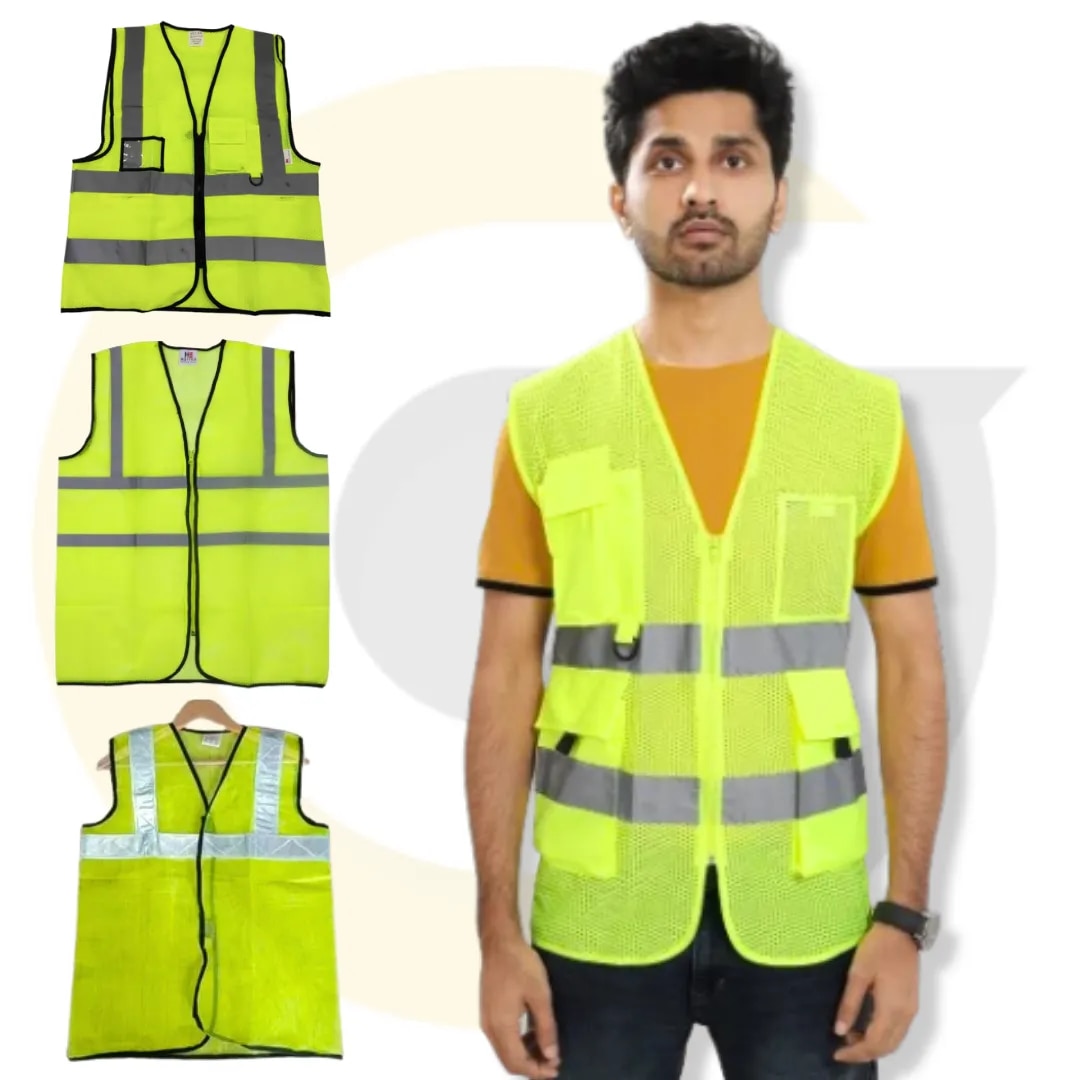 Reflective Safety Net Jacket – Green, Yellow, Orange | High Visibility Polyester Safety Vest (LNT, 3 Side Open, V-Neck) image 1
