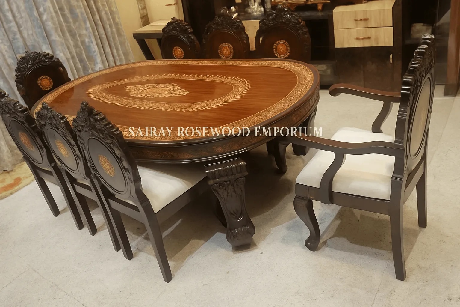 Premium Handcrafted Rosewood Dining Table – 6 Seater with Inlay Work image 1