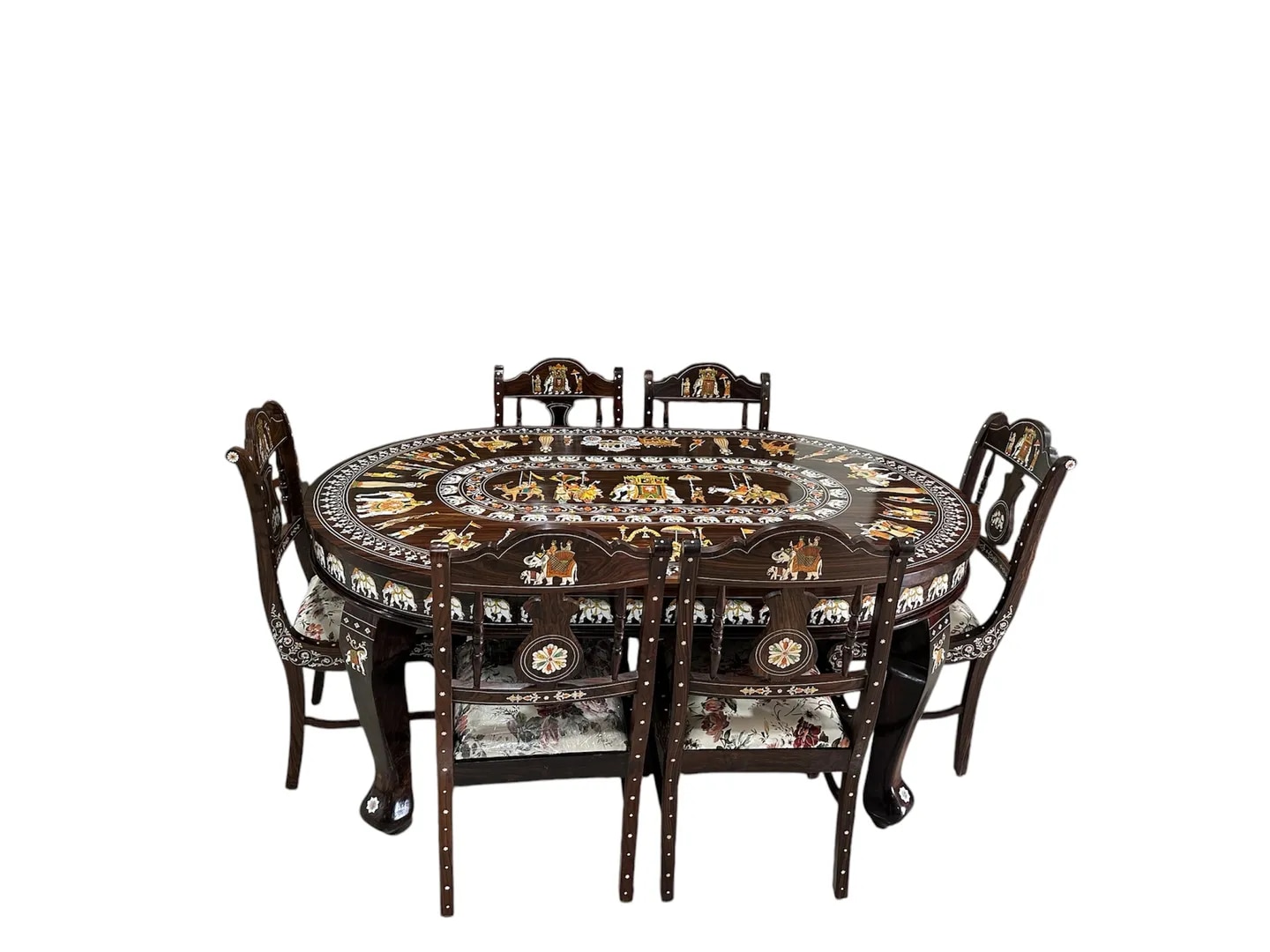Handcrafted Oval Shaped Rosewood Dining Table Set with Inlay Work image 1