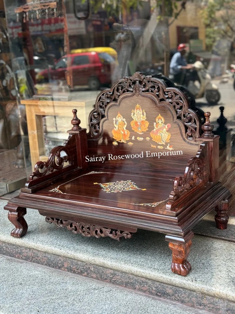 Handcrafted Rosewood Pooja Chowki with Arch Backrest and Inlay image 1