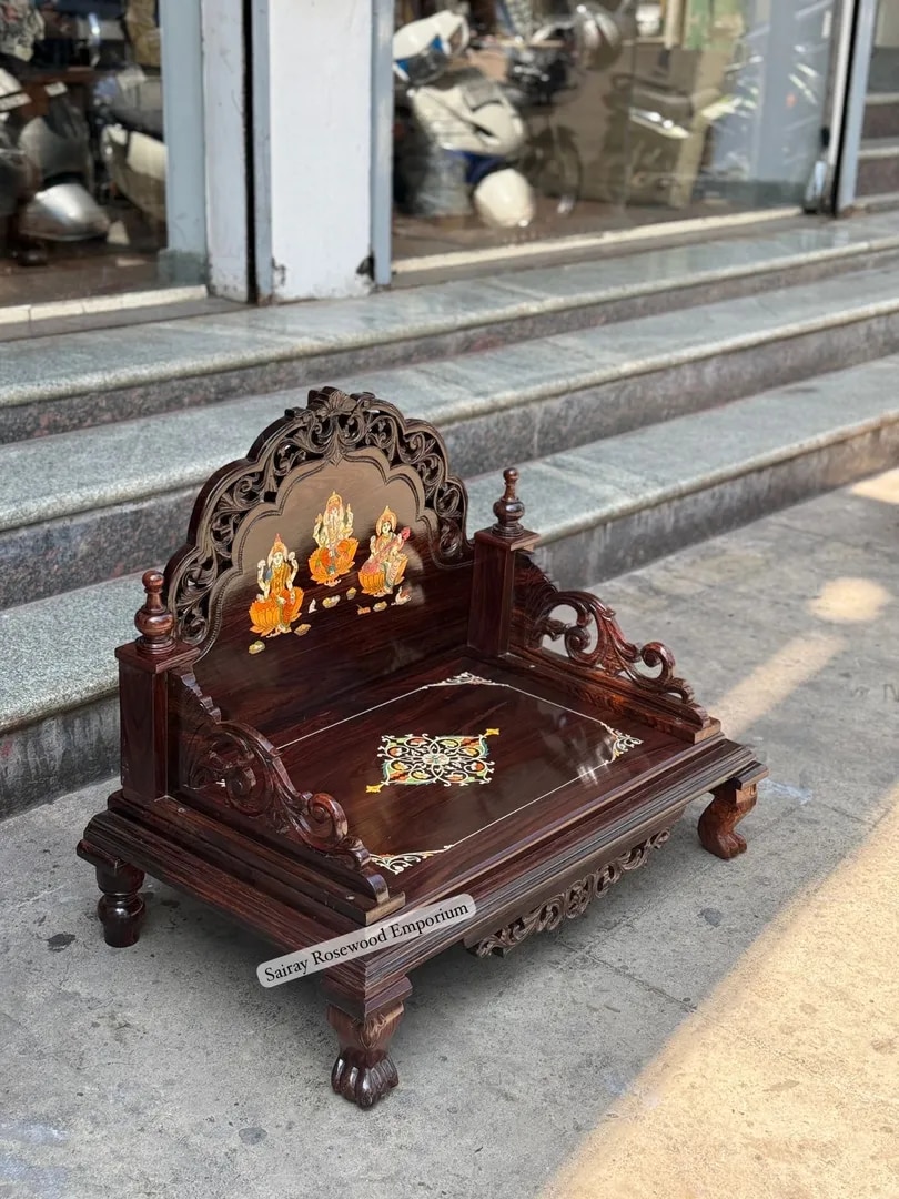 Handcrafted Rosewood Pooja Chowki with Side Rails and Central Inlay image 1