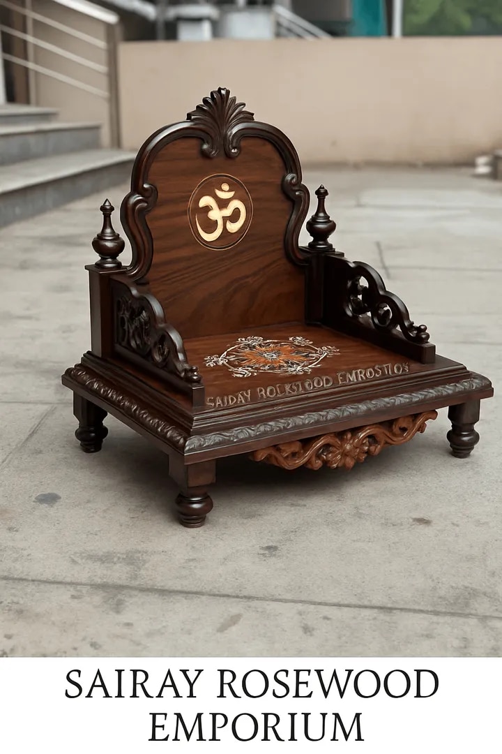 Handcrafted Rosewood Pooja Chowki with OM Backrest and Central Inlay image 1