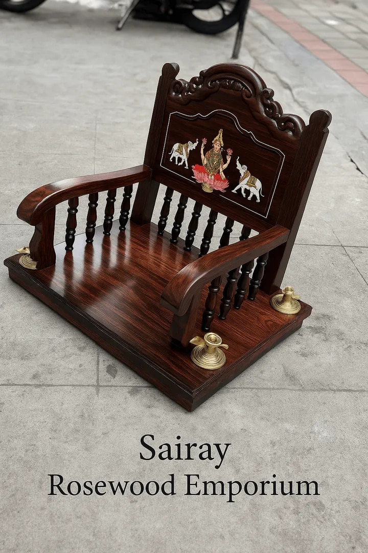 Handcrafted Rosewood Pooja Mandap with Brass Lamps image 1