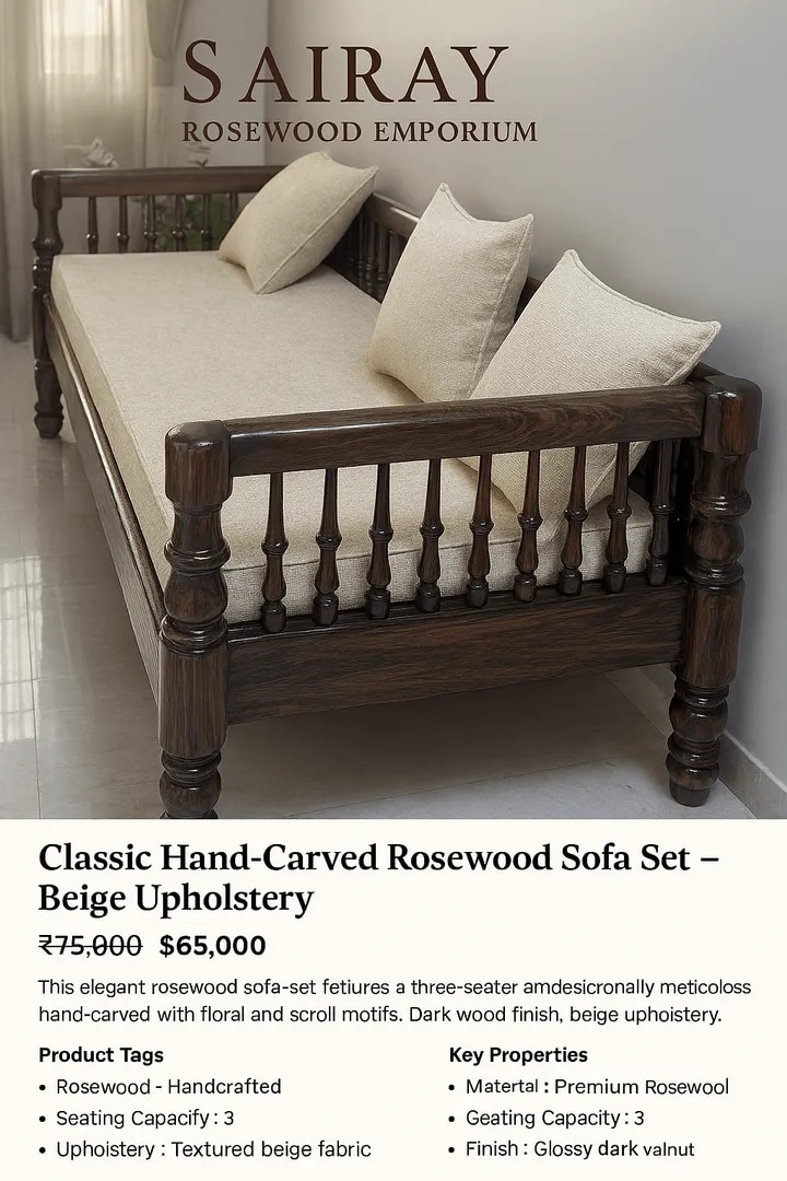 Heritage Rosewood Daybed – Beige Cushion & Pillows image 1