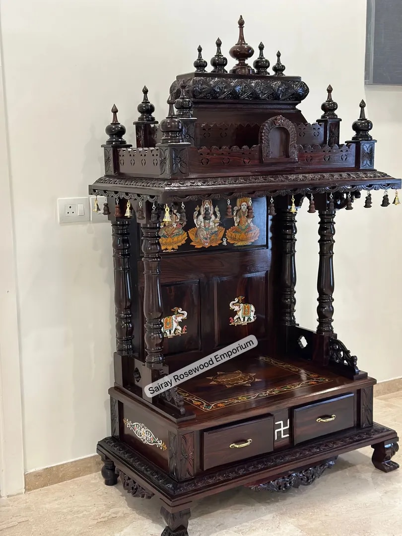 Hand-Carved Rosewood Temple with Painted Deity Panels – Twin Drawer Design image 1