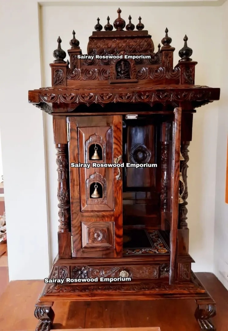 Hand-Carved Rosewood Temple with Enclosed Shrine & Ornamental Canopy image 1
