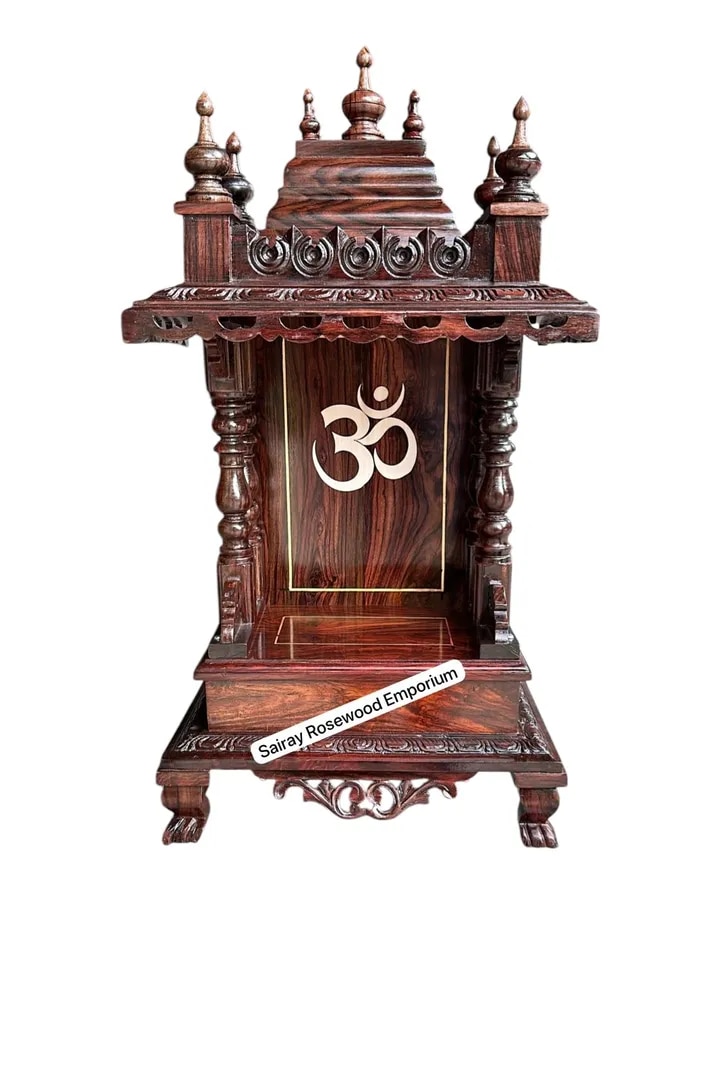 Hand-Carved Rosewood Temple with Sacred Om Panel & Storage Drawer image 1