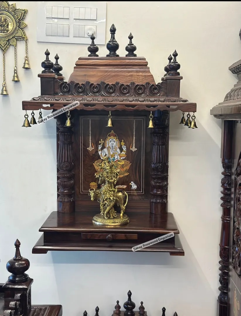 Wall-Mounted Rosewood Temple with Lord Krishna Idol & Hanging Bells image 1