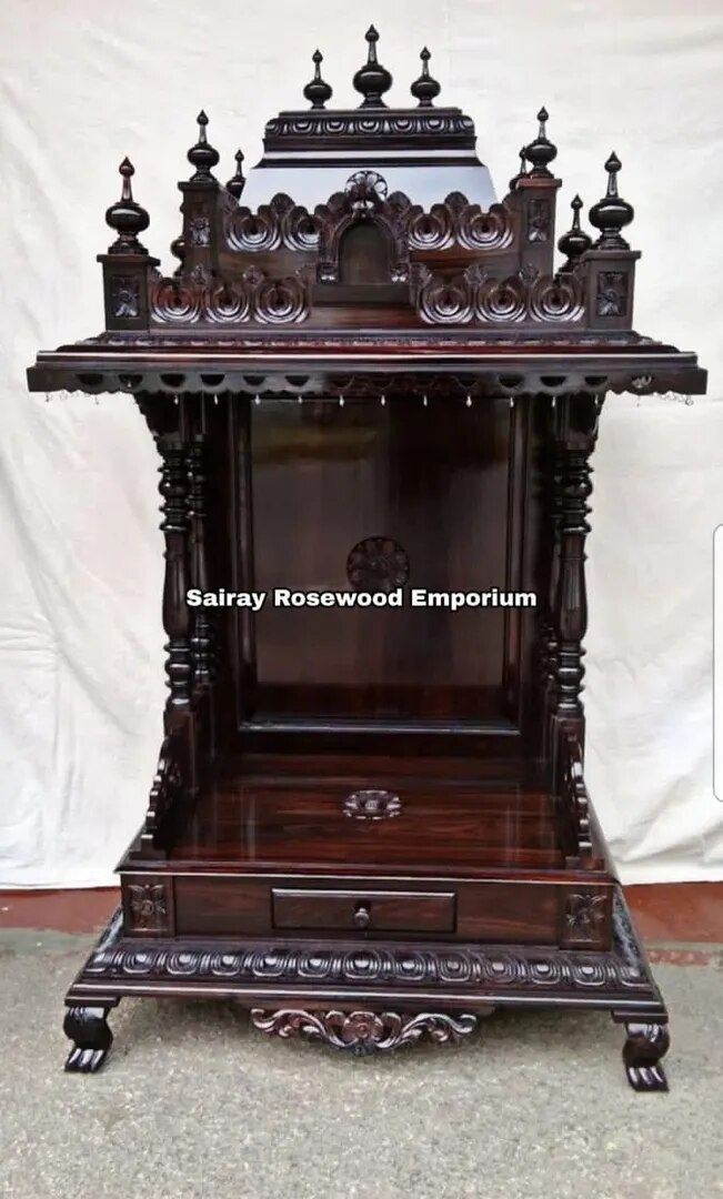 Hand-Carved Rosewood Temple with Multi-Spire Canopy & Sacred Compartment image 1