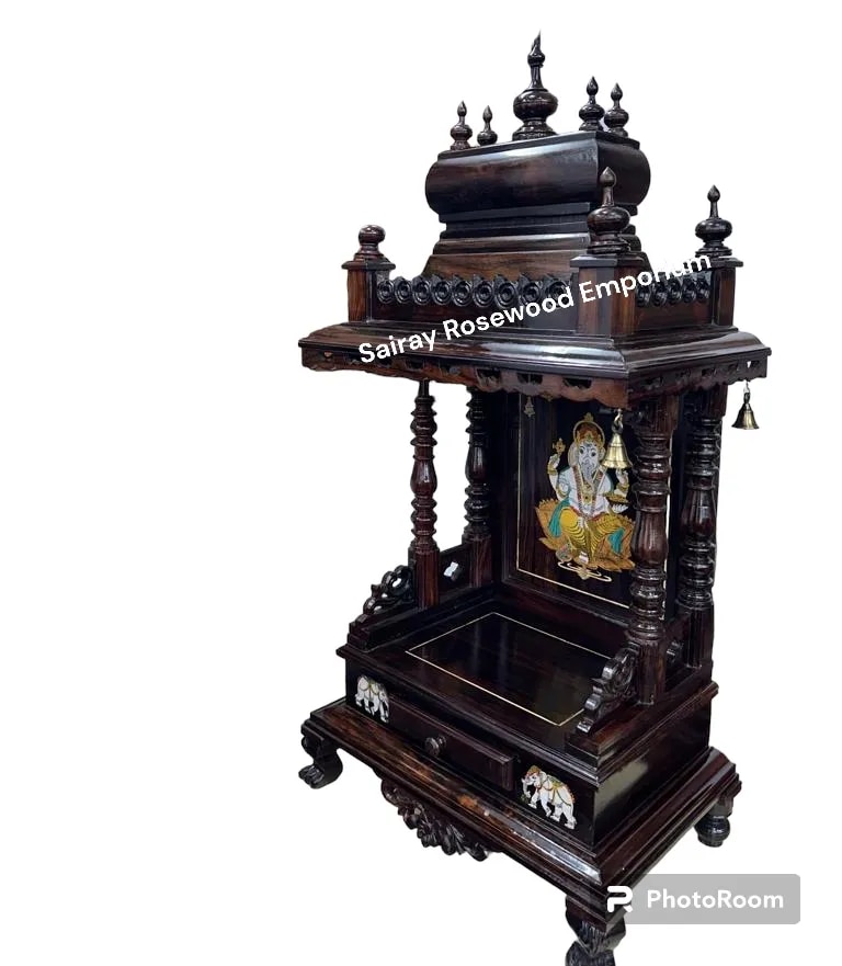 Hand-Carved Rosewood Temple with Lord Ganesha Panel & Sacred Symbol Drawer image 1