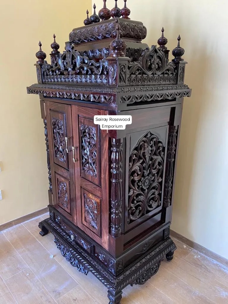 Regal Rosewood Pooja Mantapa with Ornamental Cabinet & Finial Crown image 1