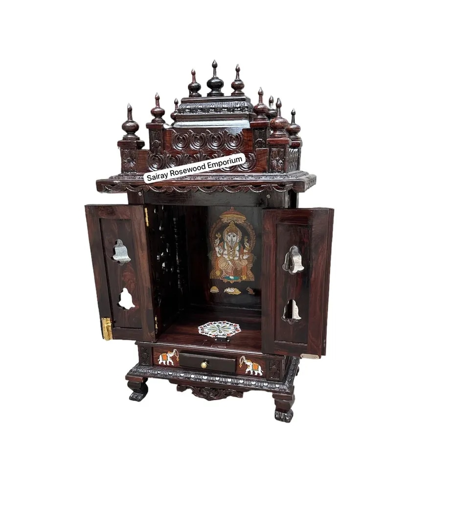 Divine Rosewood Pooja Mantapa with Krishna Panel & Cow Motif Base image 1
