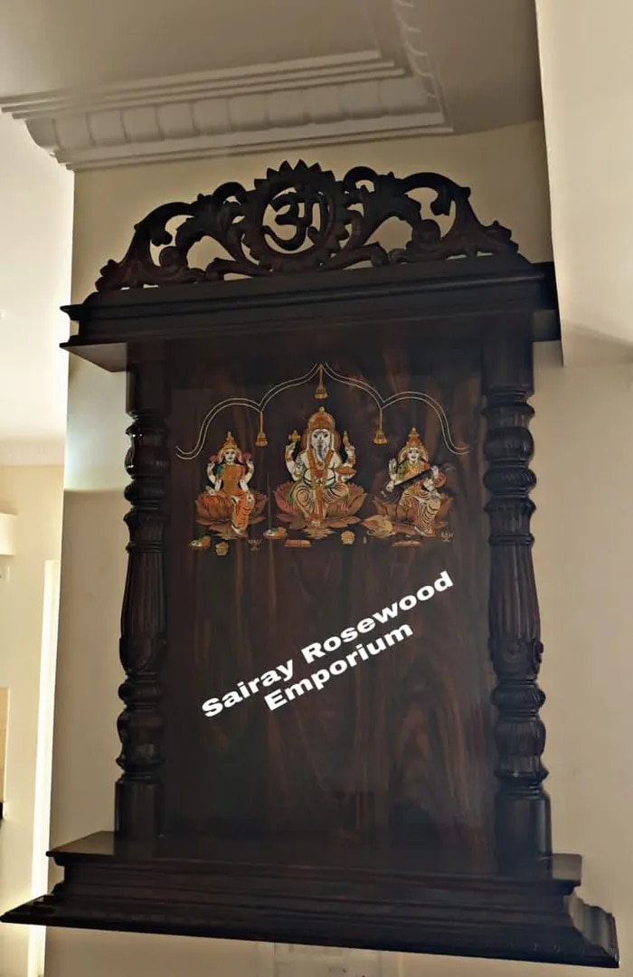 Wall-Mounted Rosewood Pooja Mantapa with Om Cutout & Lakshmi-Ganesha-Saraswati Panel image 1