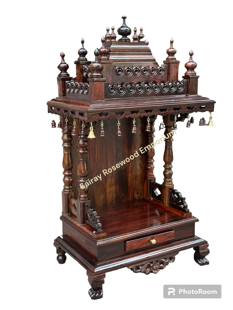 Tiered Rosewood Pooja Mandir with Ornamental Bells & Carved Pillars image 1