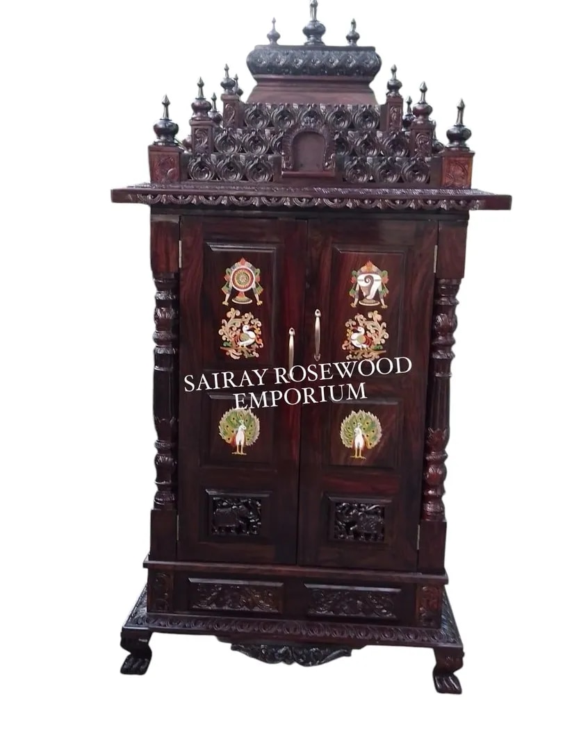 Temple-Top Rosewood Pooja Cabinet with intricate inlay work in Deity Doors & Finial Crown image 1