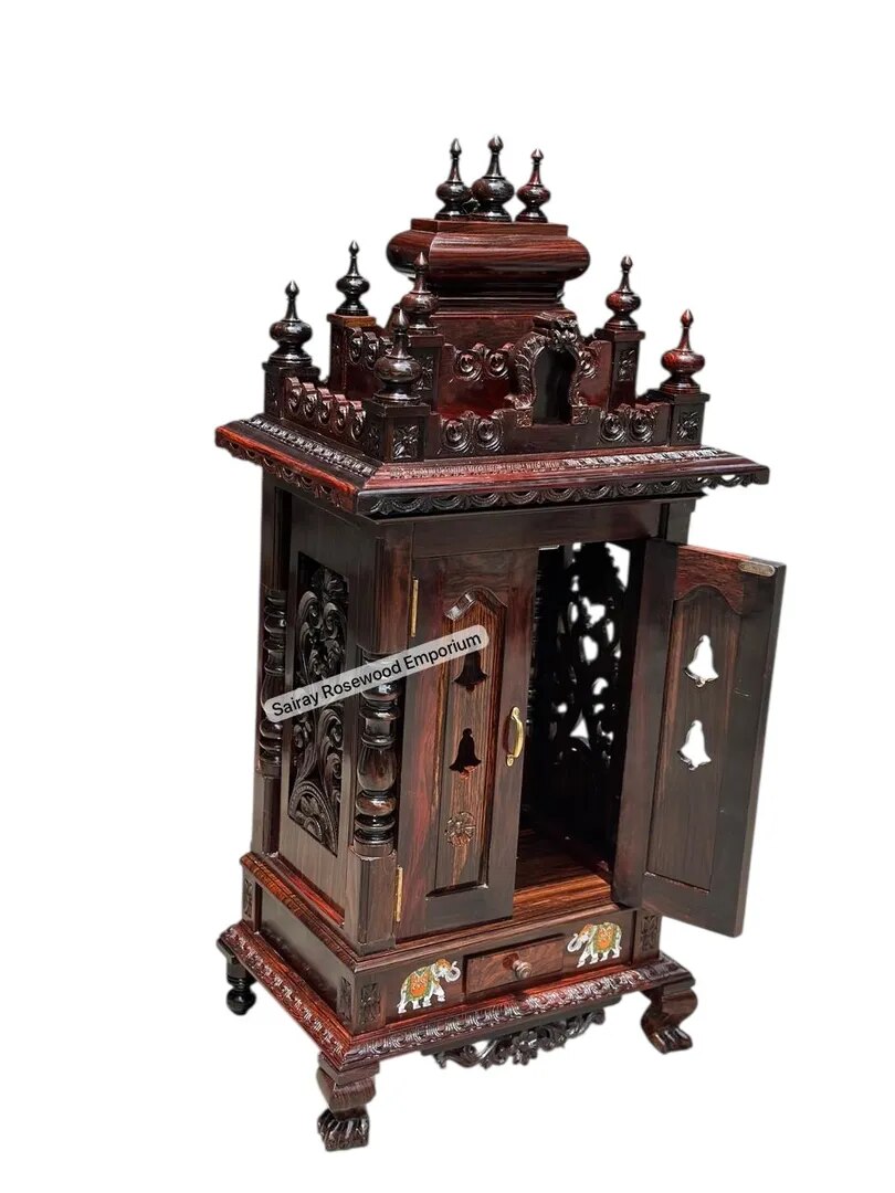 Rosewood Pooja Mandir with Multi-Tier Dome, Elephant Motifs & Cutout Doors image 1