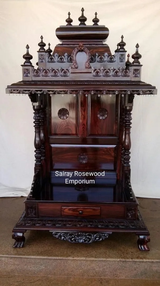 Rosewood Pooja Mandir with Floral Carved Doors, Drawer Base & Finial Spindles image 1