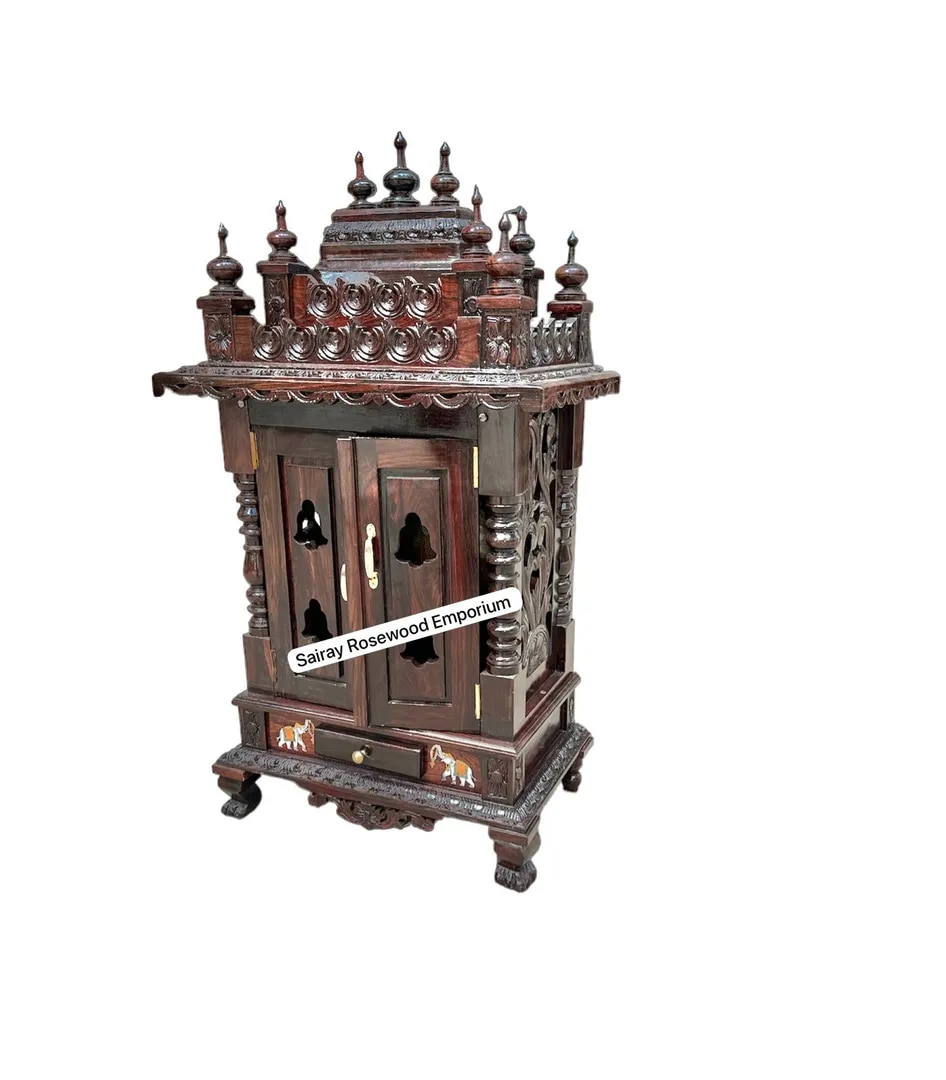 Rosewood Pooja Mandir with Elephant Art, Dome with Spindles & Cutout Doors image 1