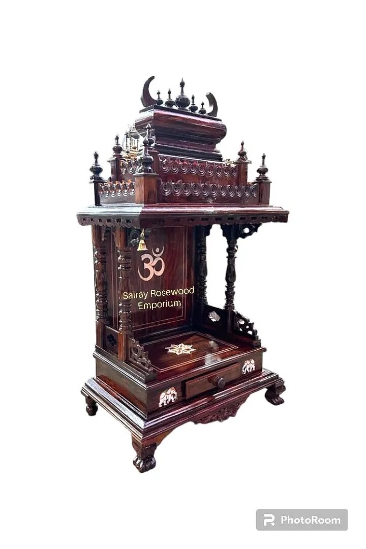 Rosewood Pooja Mandir with Om Symbol, Crown Canopy & Drawer Base image 1
