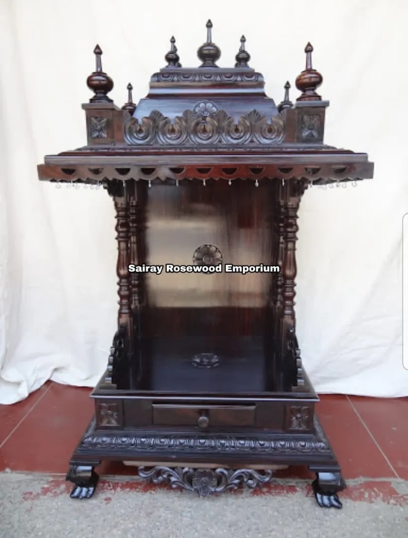 Rosewood Mandir with Finial Crown & Carved Drawer image 1