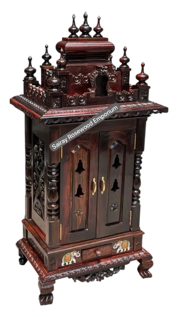 Rosewood Puja Mandir with South-Indian Style Dome & Painted Drawer image 1