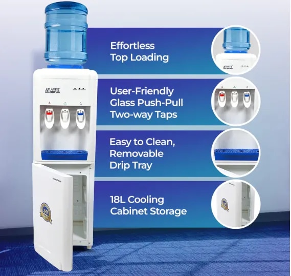 ATLANTIS SKY | Smart Glass Push-Pull Taps | 18L Cooling Cabinet | 1 Year Warranty | 3 Taps for Hot, Normal & Cold Water | 2.5L/Hour Cooling Capacity image 1