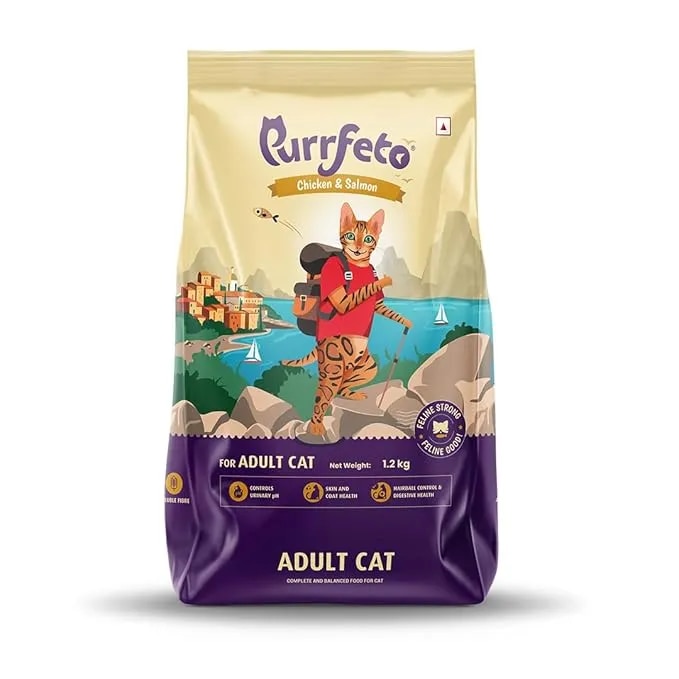 Purrfeto Adult Dry Cat Food | Chicken & Salmon | 1.2 kg Ingredients | Promotes Urinary Health |Anti Hairball Formula | Promotes Skin & Coat | Improves Digestive Health image 1