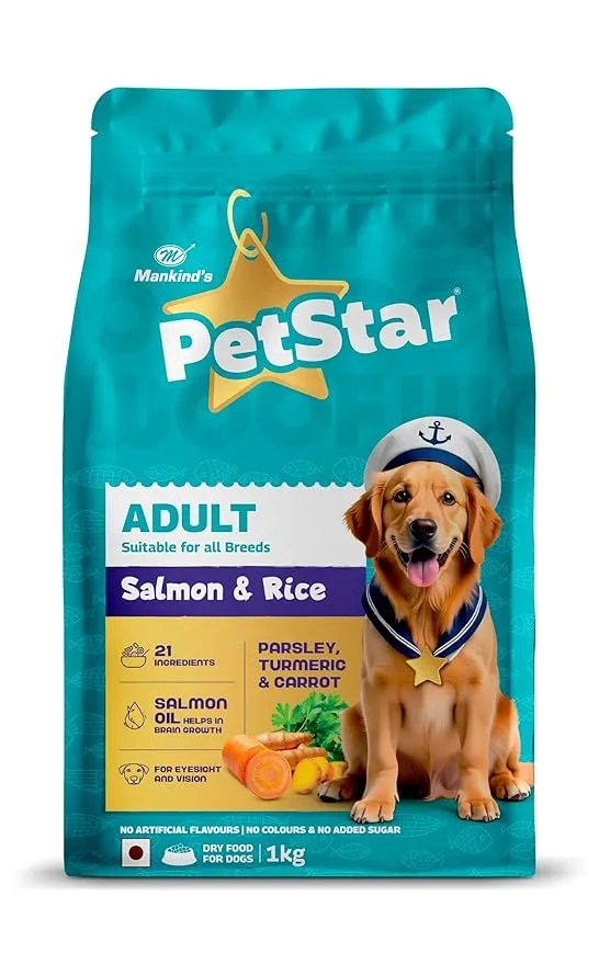 Mankind Petstar Adult Dry Dog Food (High Protein) Salmon & Rice Flavor, 1kg Pack | Improves Muscle & Strength, Supports Immunity, Protects Liver & Kidney image 1
