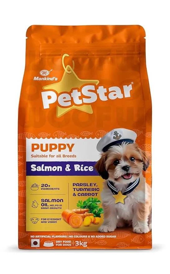 Mankind Petstar Puppy Dry Dog Food (High Protein) Salmon & Rice Flavor, 3kg Pack | Improves Muscle & Strength, Supports Immunity, Protects Liver & Kidney image 1