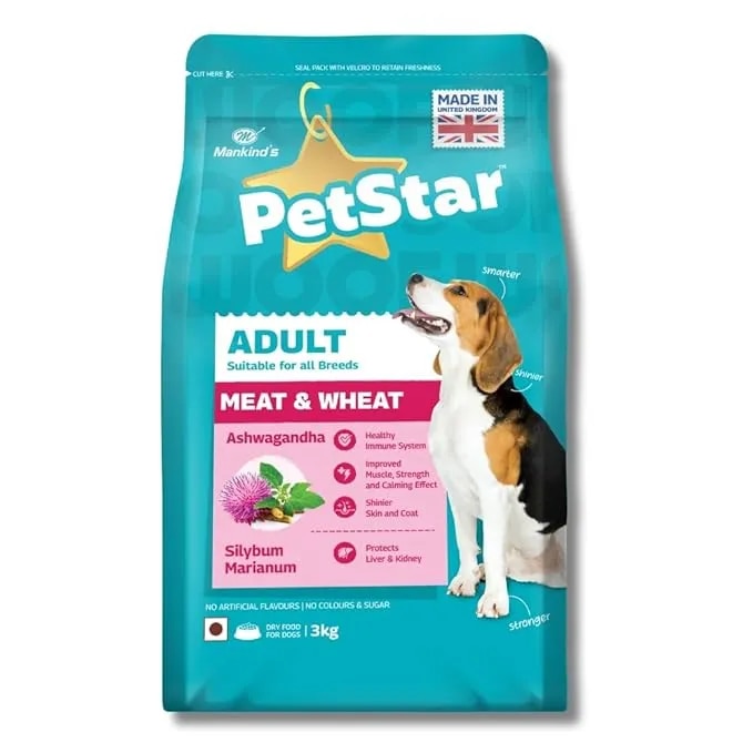 Mankind PetStar Adult Dry Dog Food (High Protein) Meat & Wheat Flavor, 3kg Pack | Improves Muscle & Strength, Supports Immunity, Protects Liver & Kidney image 1