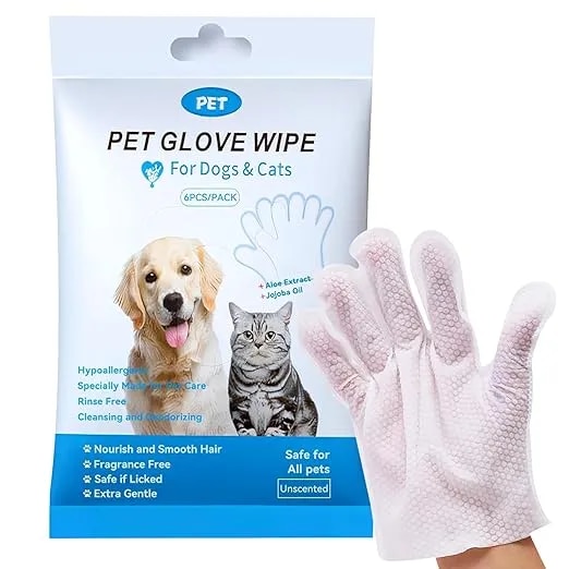 Pet Washing Glove Wipes for Dog and Cat, Unscented Rinse Free Cleaning & Deodorizing Grooming Glove for Puppy Ears,Eyes,Butt,Paws, Thick Bathing Wipe Sooth & Nourish Fur for Care and Travel 6 PCS image 1